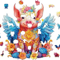 Alternative view of Mindful Wooden Jigsaw Puzzle-Angel Pig