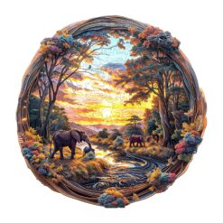 Mindful Wooden Jigsaw Puzzle-Elephant at Sunset