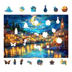 Alternative view of Mindful Wooden Jigsaw Puzzle-Stained glass starry night 2
