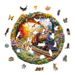 Alternative view of Mindful Wooden Jigsaw Puzzle - dogs Chasing Train