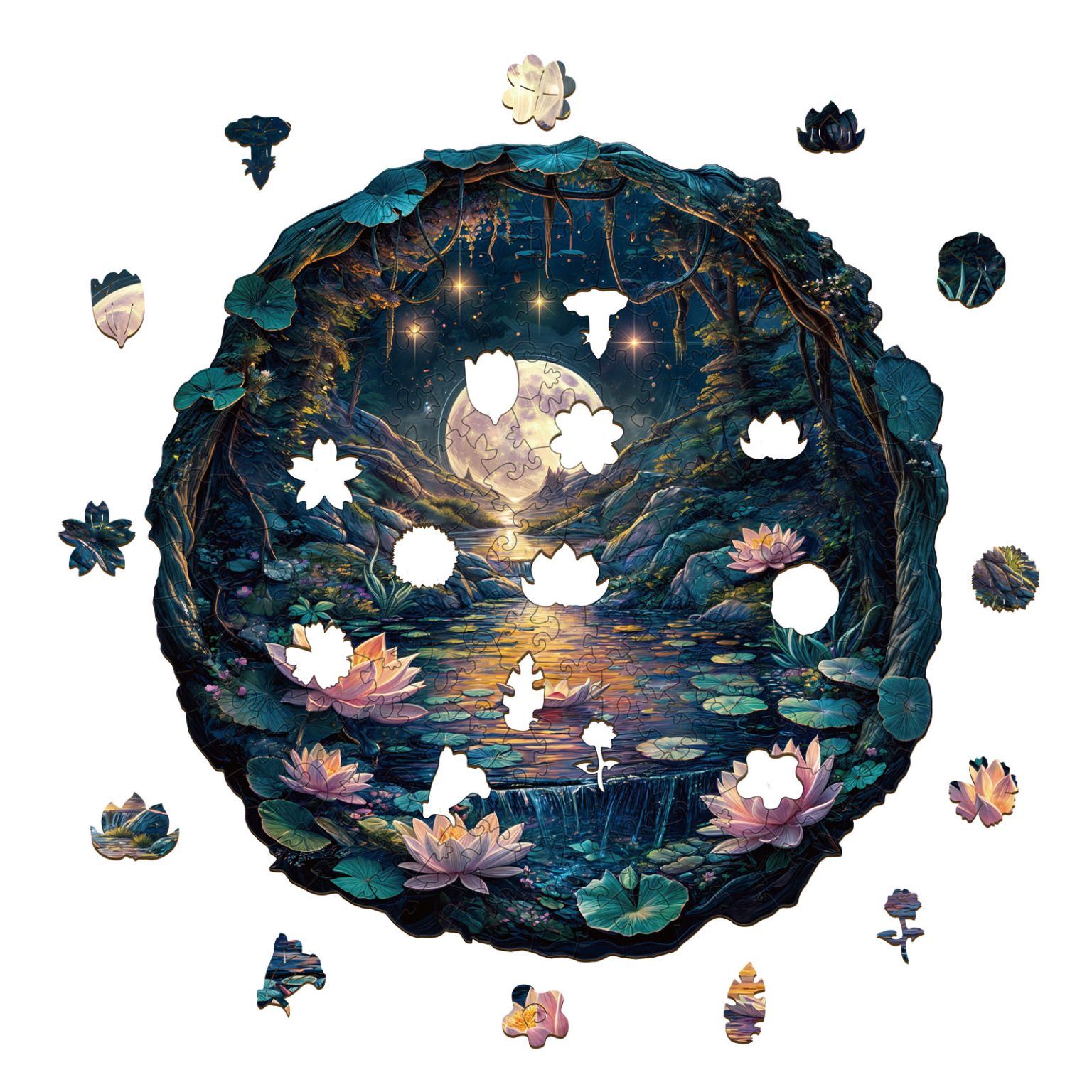 Mindful Wooden Jigsaw Puzzle - 3D cave moon Lotus - NoblePuzzles