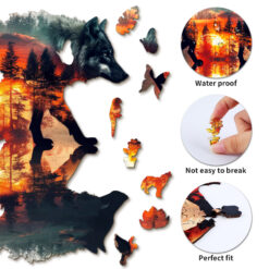 Alternative view of Mindful Wooden Jigsaw Puzzle – Sunset Wolf